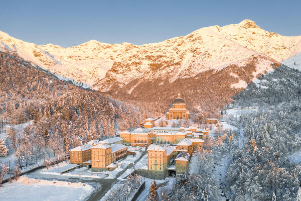 The Marian Sanctuary of Oropa after an heavy snowfall at sunrise (Biella, Biella province, Piedmont, Italy, Europe)