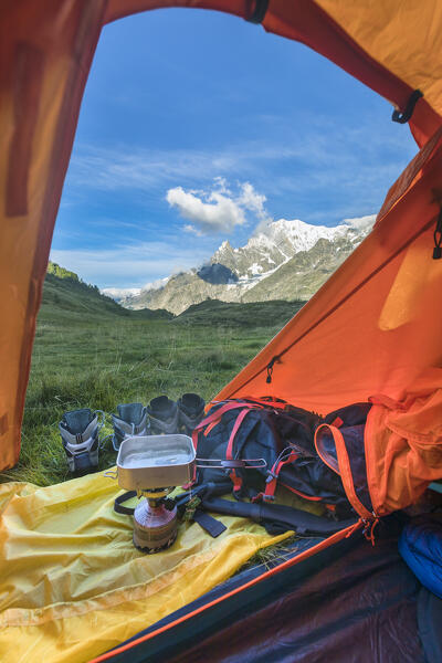 The Mont Blanc from inside the tent (Alp Lechey, Ferret Valley, Courmayeur, Aosta province, Aosta Valley, Italy, Europe)