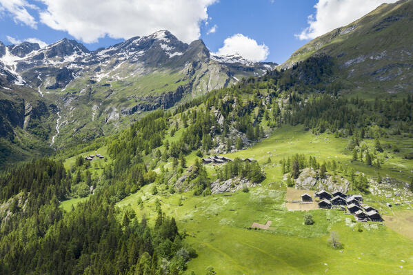 Aerial view of Alpe Otro, Dorf and Scarpia hamlet (Alagna, Valsesia, Vercelli province, Piedmont, Italy, Europe)