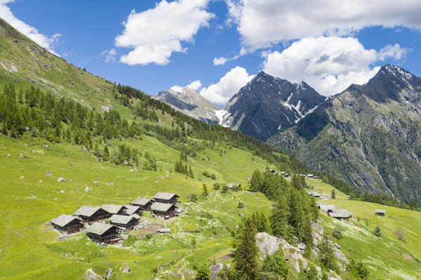 Aerial view of Alpe Otro, Scarpia hamlet (Alagna, Valsesia, Vercelli province, Piedmont, Italy, Europe)