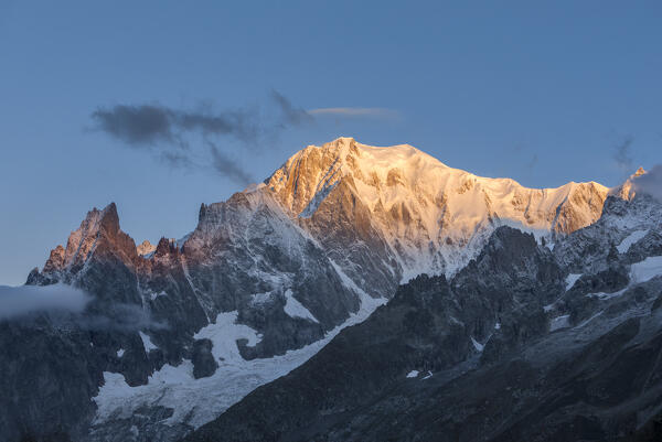 The Mont Blanc at sunrise from the Alp Lechey, Ferret Valley (Courmayeur, Aosta province, Aosta Valley, Italy, Europe)