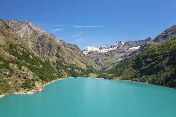 Aerial view of the Place Moulin Lake (Valpelline, Aosta province, Aosta Valley, Italy, Europe)