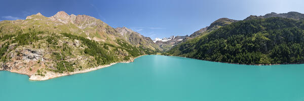 Panoramic aerial view of the Place Moulin Lake (Valpelline, Aosta province, Aosta Valley, Italy, Europe)