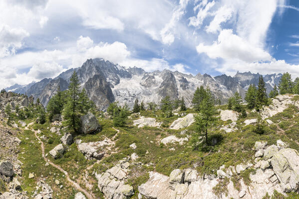 The Mont Blanc Massif view from Mont Chetif (Veny Valley, Courmayeur, Aosta province, Aosta Valley, Italy, Europe)