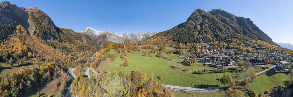 Panoramic aerial view of the Mont Blanc Massif and the little village of Palleusieux (Pré Saint Didier, Aosta province, Aosta Valley, Italy, Europe)
