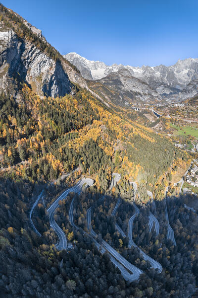 The Mont Blanc and the road to La Thuile and The Little Saint Bernard Pass (Pré Saint Didier, Aosta province, Aosta Valley, Italy, Europe)