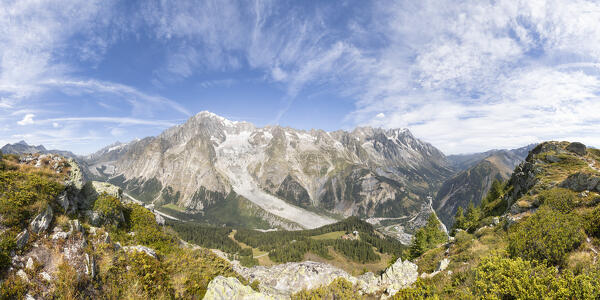 Panoramic view of the Mont Blanc Massif view from Mont Chétif (Veny Valley, Courmayeur, Aosta province, Aosta Valley, Italy, Europe)