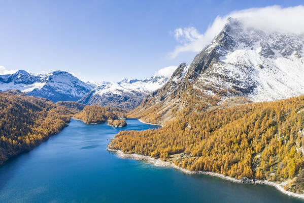 Aerial view of the Lake of Devero in autumn (Alpe Devero, Alpe Veglia and Alpe Devero Natural Park, Baceno, Verbano-Cusio-Ossola province, Piedmont, Italy, Europe)