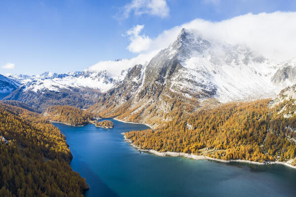 Aerial view of the Lake of Devero in autumn (Alpe Devero, Alpe Veglia and Alpe Devero Natural Park, Baceno, Verbano-Cusio-Ossola province, Piedmont, Italy, Europe)