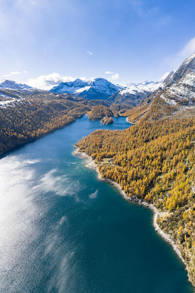 Aerial view of the Lake of Devero in autumn (Alpe Devero, Alpe Veglia and Alpe Devero Natural Park, Baceno, Verbano-Cusio-Ossola province, Piedmont, Italy, Europe)