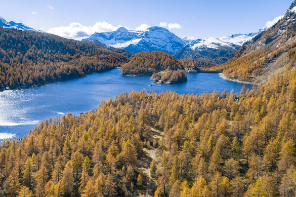 Aerial view of the Lake of Devero in autumn (Alpe Devero, Alpe Veglia and Alpe Devero Natural Park, Baceno, Verbano-Cusio-Ossola province, Piedmont, Italy, Europe)