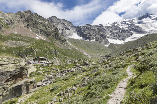 The Zamboni Zappa refuge at the foot of the East face of Monte Rosa Massif (Macugnaga, Anzasca Valley, Verbano Cusio Ossola province, Piedmont, Italy, Europe)