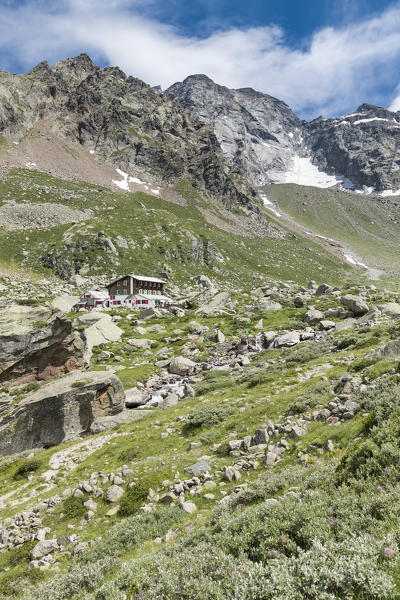 The Zamboni Zappa refuge at the foot of the East face of Monte Rosa Massif (Macugnaga, Anzasca Valley, Verbano Cusio Ossola province, Piedmont, Italy, Europe)