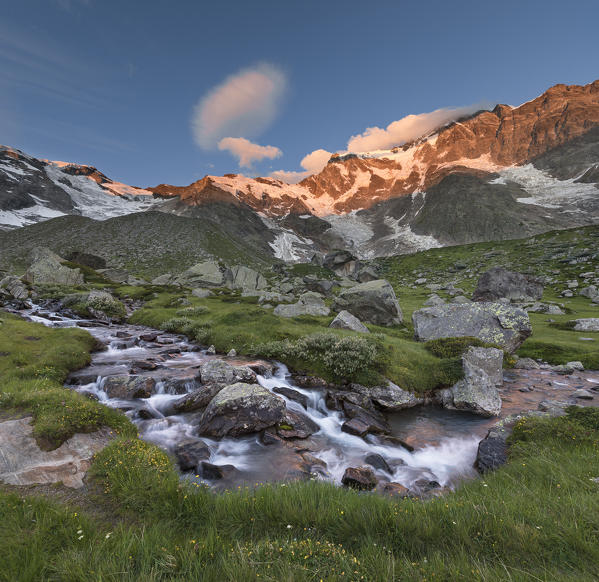 Sunrise in the East face of Monte Rosa Massif (Zamboni Zappa Refuge, Macugnaga, Anzasca Valley, Verbano Cusio Ossola province, Piedmont, Italy, Europe)