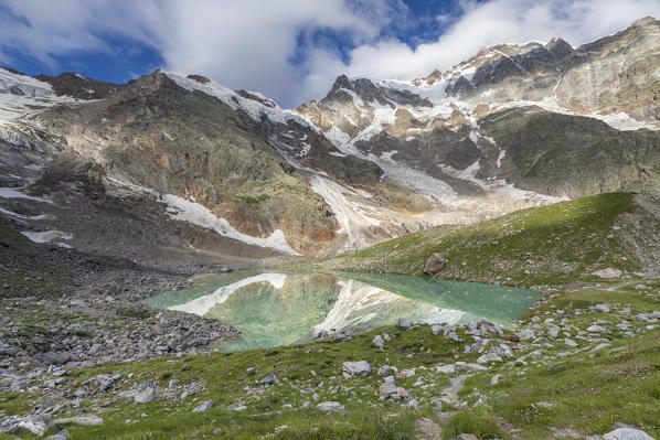 The Locce Lake and the East face of the Monte Rosa Massif (Locce Lake, Macugnaga, Anzasca Valley, Verbano Cusio Ossola province, Piedmont, Italy, Europe)