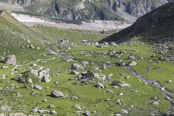 The Zamboni Zappa refuge at the foot of the East face of Monte Rosa Massif (Macugnaga, Anzasca Valley, Verbano Cusio Ossola province, Piedmont, Italy, Europe)