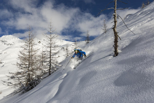 Freeride skier in Aosta Valley (Cheneil, Valtournenche, Aosta province, Aosta Valley, Italy, Europe)