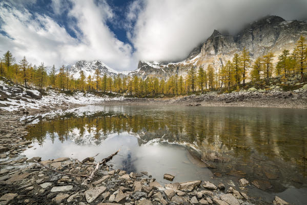 The Nero Lake in autumn (Buscagna Valley, Alpe Devero, Alpe Veglia and Alpe Devero Natural Park, Baceno, Verbano Cusio Ossola province, Piedmont, Italy, Europe)