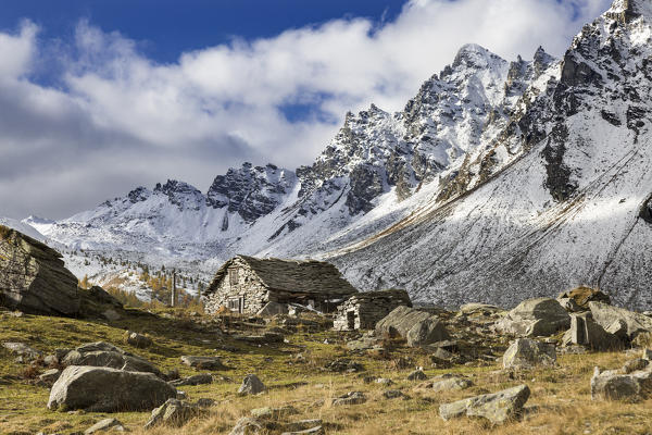 The Alpe Buscagna in autumn season (Buscagna Valley, Alpe Devero, Alpe Veglia and Alpe Devero Natural Park, Baceno, Verbano Cusio Ossola province, Piedmont, Italy, Europe)