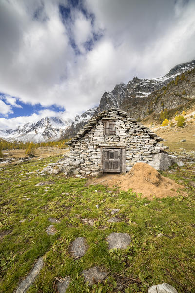 The Alpe Buscagna in autumn season (Buscagna Valley, Alpe Devero, Alpe Veglia and Alpe Devero Natural Park, Baceno, Verbano Cusio Ossola province, Piedmont, Italy, Europe)