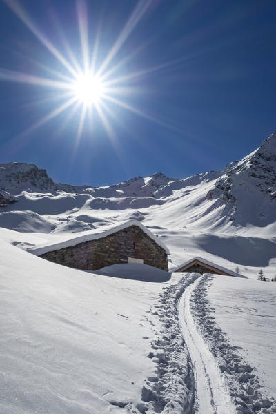 Ski mountaineering in Rhemes Valley, Gran Paradiso Natural Park: the Entrelor Alp and the Entrelor peak (Rhemes-Notre-Dame, Rhemes Valley, Aosta province, Aosta Valley, Italy, Europe)
