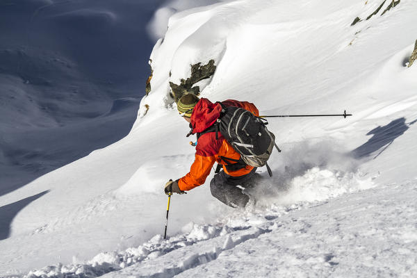 Freeride skier in Aosta Valley (Cervinia, Valtournenche, Aosta province, Aosta Valley, Italy, Europe) (MR)