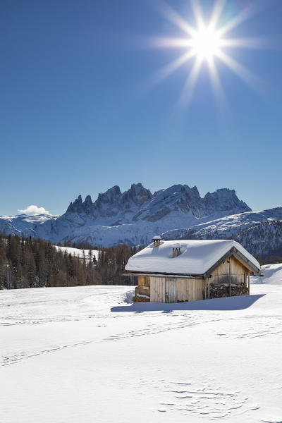 View on the Pale Group (Pale di San Martino) from the small village called Fuciade in San Pellegrino Pass (Soraga di Fassa, Biois Valley, Trento province, Trentino-Alto Adige, Italy, Europe)