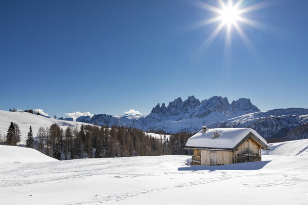 View on the Pale Group (Pale di San Martino) from the small village called Fuciade in San Pellegrino Pass (Soraga di Fassa, Biois Valley, Trento province, Trentino-Alto Adige, Italy, Europe)