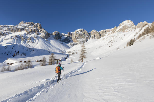 A trekker is walking to Fuciace, a small village in Dolomites near San Pellegrino Pass (Soraga di Fassa, Biois Valley, Trento province, Trentino-Alto Adige, Italy, Europe) (MR)