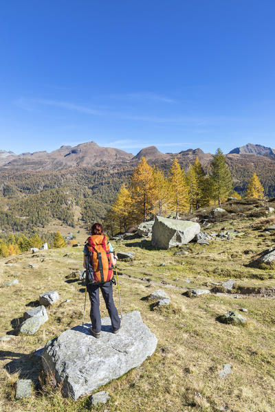 A girl is looking at the Alpe Veglia and Alpe Devero Natural Park in autumn season (Buscagna Valley, Alpe Devero, Baceno, Verbano Cusio Ossola province, Piedmont, Italy, Europe) (MR)
