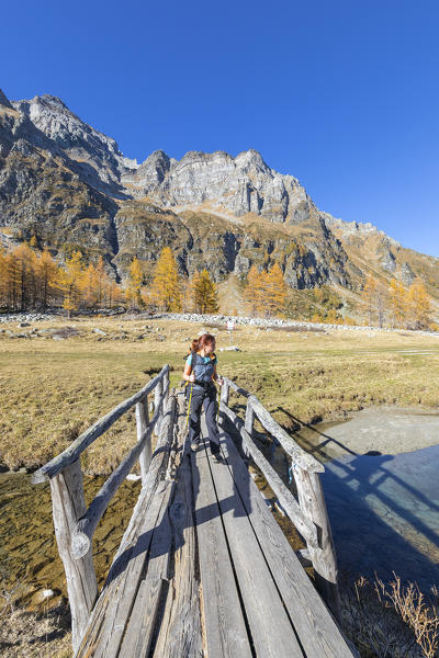 A girl is walking in the Alpe Veglia and Alpe Devero Natural Park in autumn season (Buscagna Valley, Alpe Devero, Baceno, Verbano Cusio Ossola province, Piedmont, Italy, Europe) (MR)
