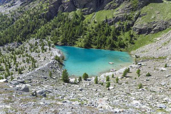 The green water of the Blu Lake at the foot of Monte Rosa Massif in Ayas Valley (Champoluc, Ayas Valley, Aosta province, Aosta Valley, Italy, Europe)
