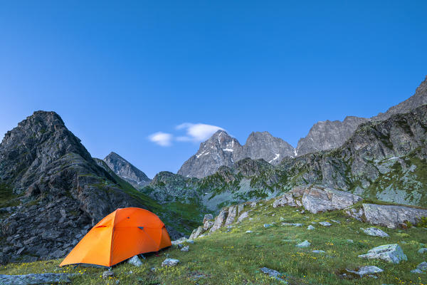 The Monviso Peak at the first light of dawn from the Fiorenza Lake (Pian del Re, Monviso Natural Park, Po Valley, Crissolo, Cuneo province, Piedmont, Italy, Europe)