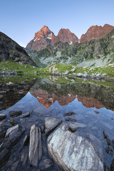 The Monviso Peak reflected in a small alpine lake at sunrise (Fiorenza Lake, Pian del Re, Monviso Natural Park, Po Valley, Crissolo, Cuneo province, Piedmont, Italy, Europe)