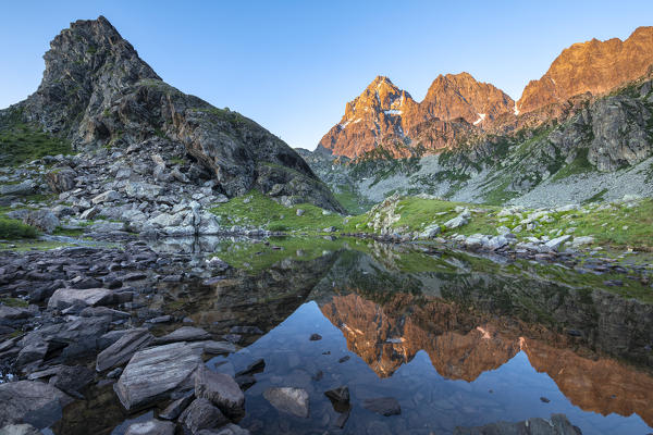 The Monviso Peak reflected in a small alpine lake at sunrise (Fiorenza Lake, Pian del Re, Monviso Natural Park, Po Valley, Crissolo, Cuneo province, Piedmont, Italy, Europe)