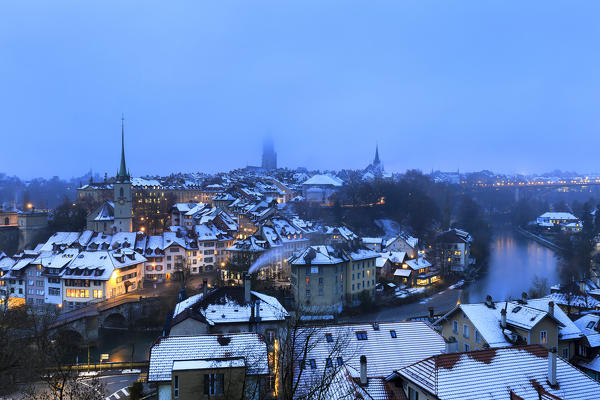 Foggy winter dusk at Bern, Canton of Bern, Switzerland, Europe.