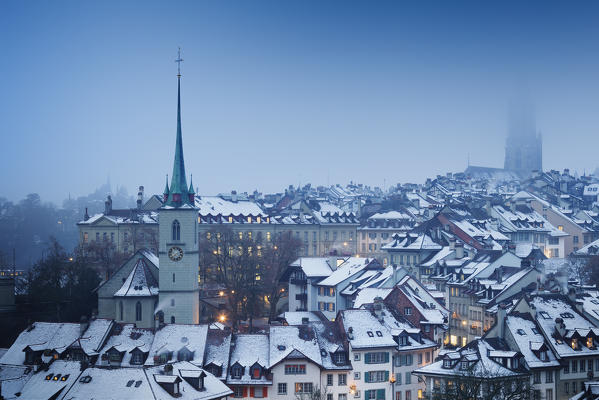 Foggy winter dusk at Bern, Canton of Bern, Switzerland, Europe.