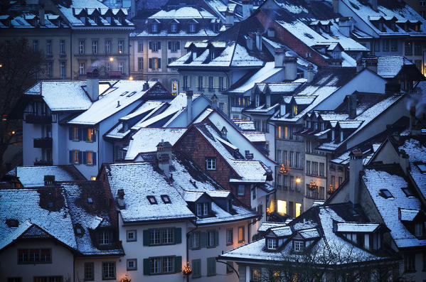 Roofs of the historical center at dusk. Bern, Canton of Bern, Switzerland, Europe.