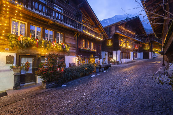 Christmas decorations in the Brunngasse street. Brienz, Canton of Bern, Switzerland, Europe.