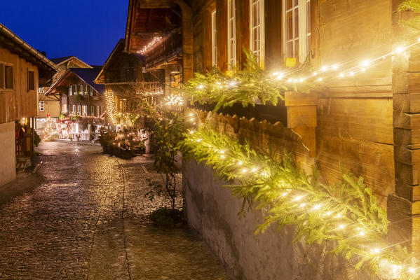 Christmas decorations in the Brunngasse street. Brienz, Canton of Bern, Switzerland, Europe.