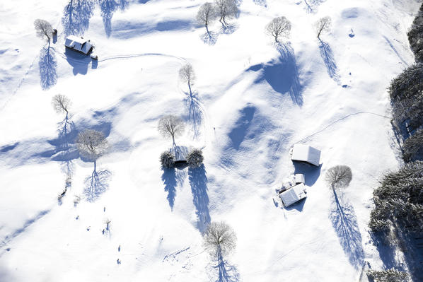 Aerial view of the hut after a snowfall. Grindelwald, Canton of Bern, Switzerland, Europe.