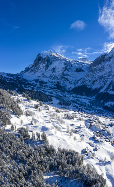 Aerial view of the village of Grindelwald, Canton of Bern, Switzerland, Europe.