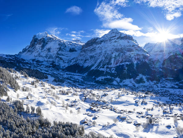 Aerial view of the village of Grindelwald, Canton of Bern, Switzerland, Europe.