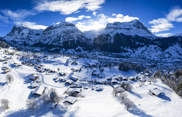 Aerial view of the village of Grindelwald, Canton of Bern, Switzerland, Europe.