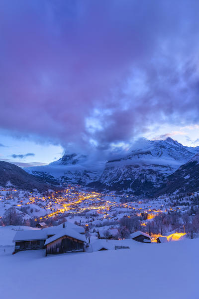 Elevated view of dusk at Grindelwald, Canton of Bern, Switzerland, Europe.