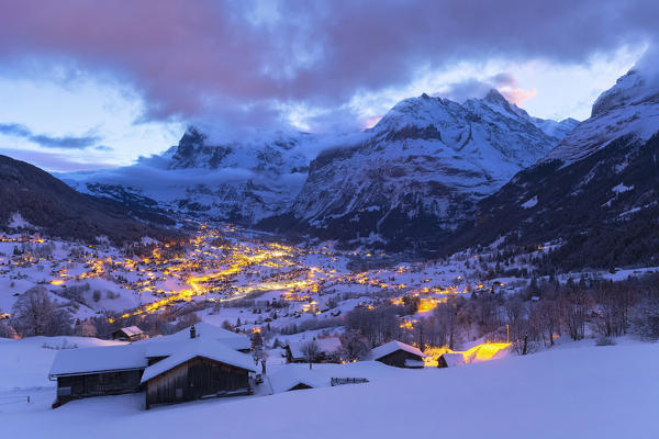 Elevated view of dusk at Grindelwald, Canton of Bern, Switzerland, Europe.