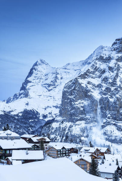 Avalanche at dusk. Murren, Lauterbrunnen valley, Canton of Bern, Switzerland, Europe.