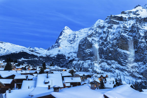 Avalanches at dusk. Murren, Lauterbrunnen valley, Canton of Bern, Switzerland, Europe.