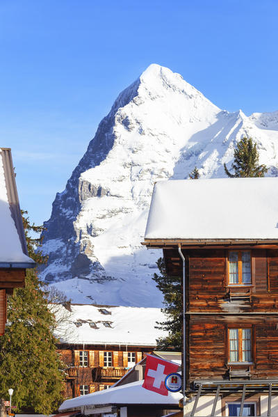 Traditional houses with Eiger in the background. Murren, Lauterbrunnen valley, Canton of Bern, Switzerland, Europe.