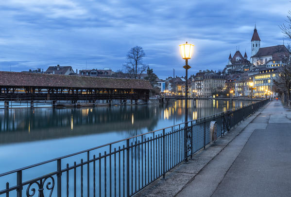 Dusk light along the river, Thun, Canton of Bern, Switzerland, Europe.